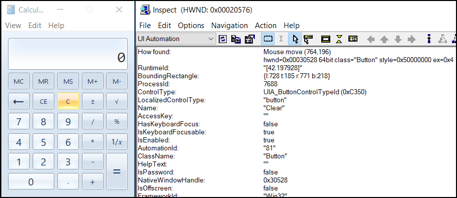 Using Inspect app to find controllable elements in a basic calculator application to use for test automation.