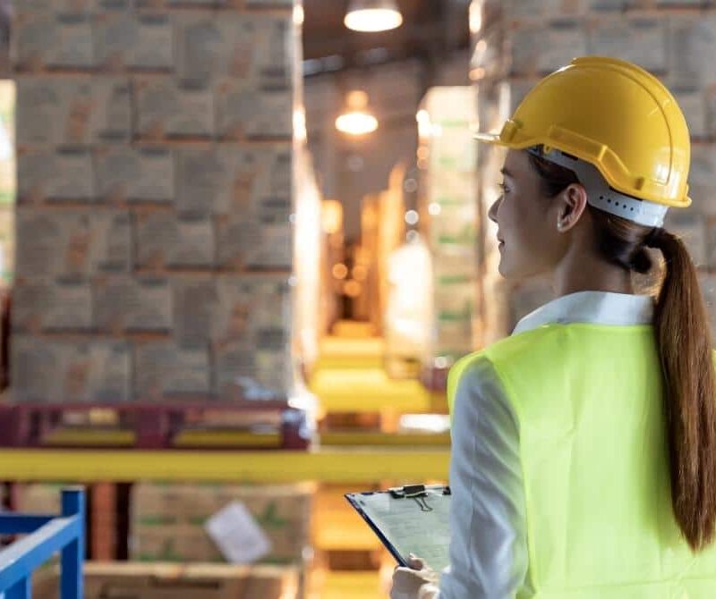 Warehouse worker in a yellow safety vest and hard hat holding a clipboard, viewed from behind