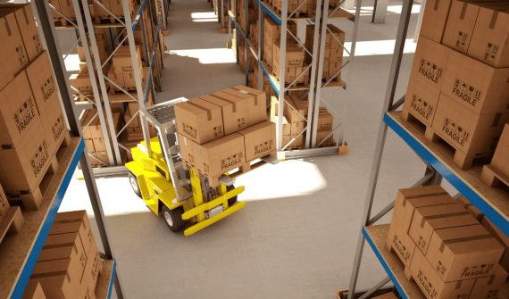 A yellow forklift lifts stacked cardboard boxes labeled 'FRAGILE' in a spacious warehouse with organized shelving.