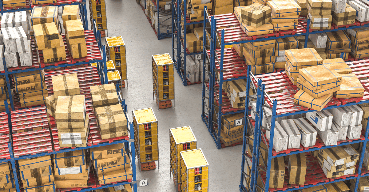 Warehouse shelves filled with various stacked boxes, organized by labels and colors.