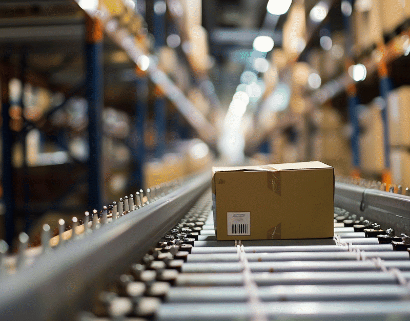 A cardboard box sits on a conveyor belt in a warehouse, surrounded by shelves filled with other boxes and packages.