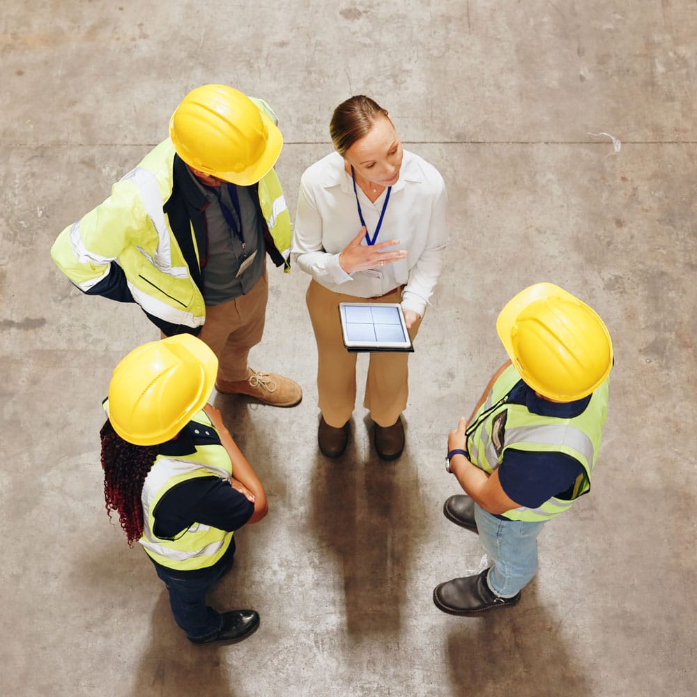 Overhead view of warehouse workers in hard hats gathered around a tablet