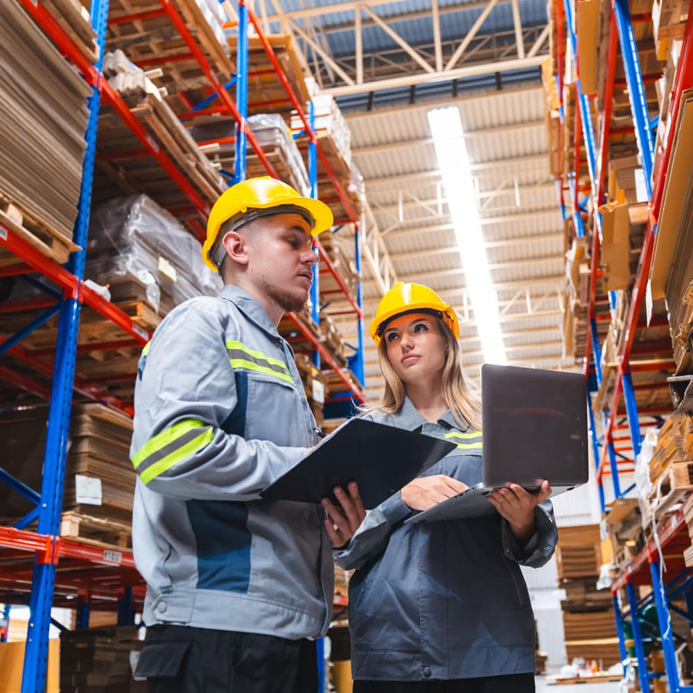Two warehouse workers in hard hats reviewing a laptop among storage racking