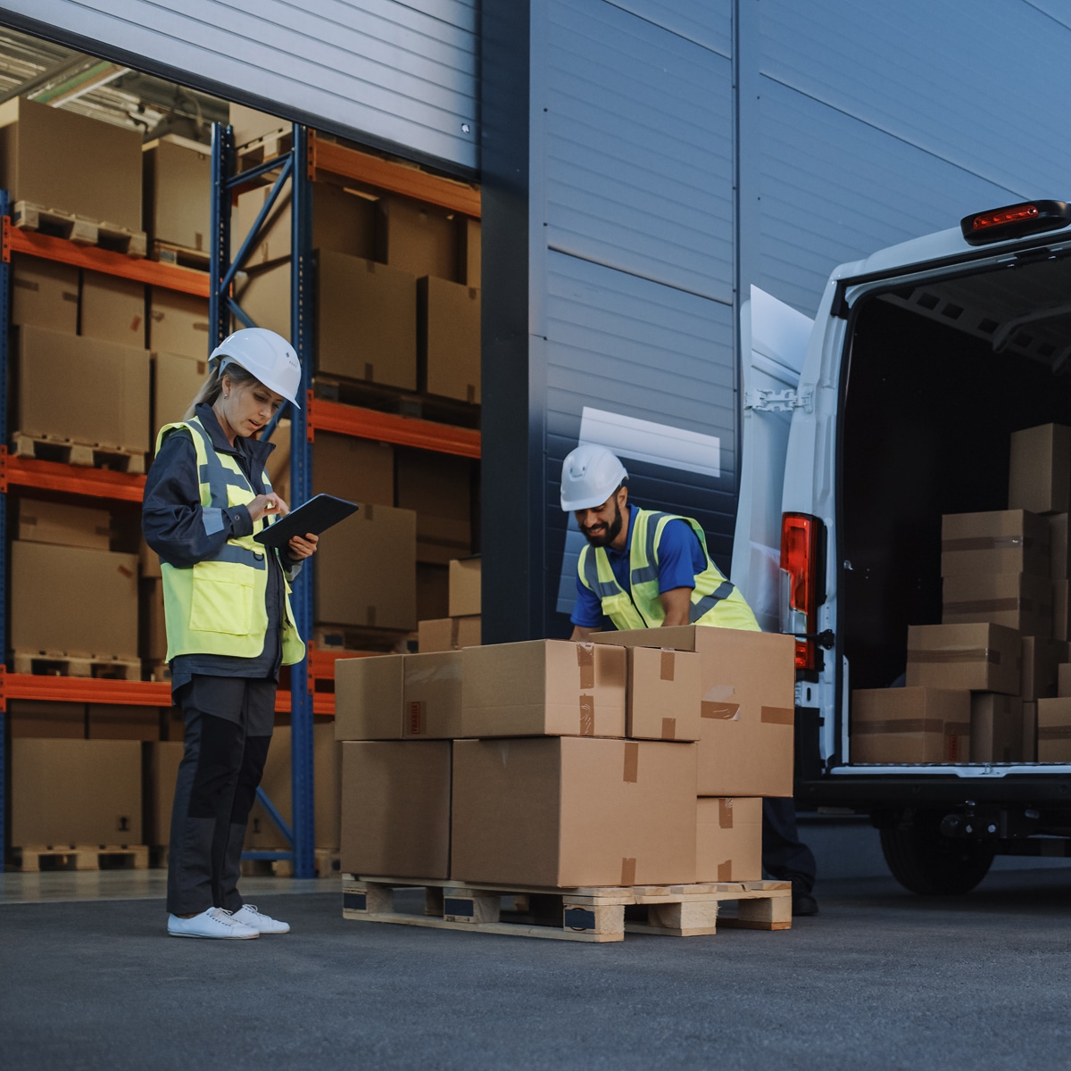 Two warehouse workers in hi-vis vests checking a tablet beside a delivery truck loaded with boxes
