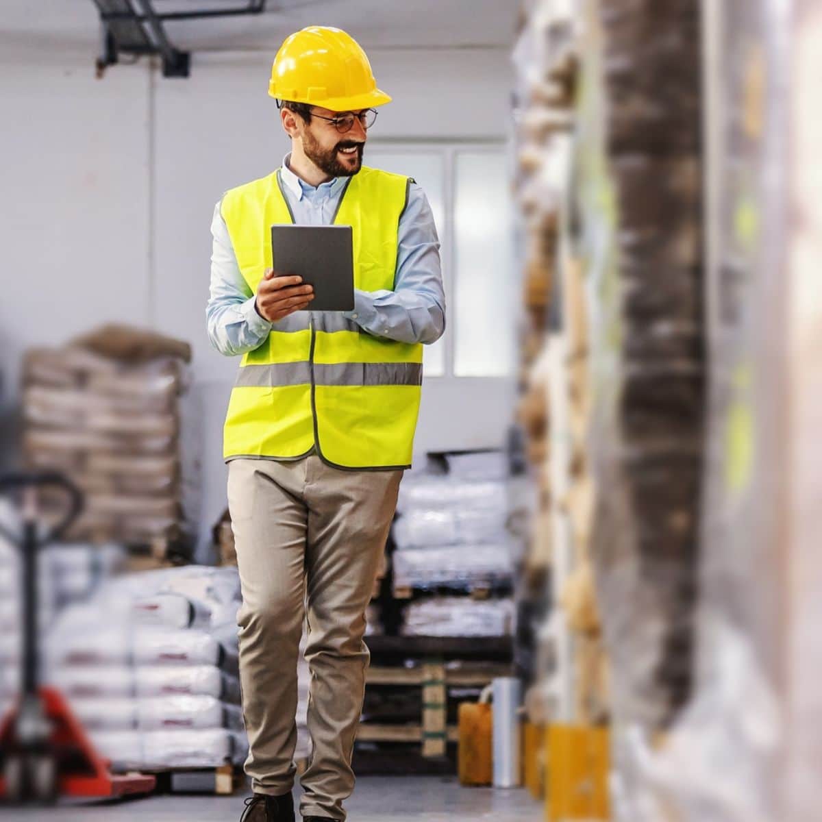 Warehouse worker in a hi-vis vest holding a tablet